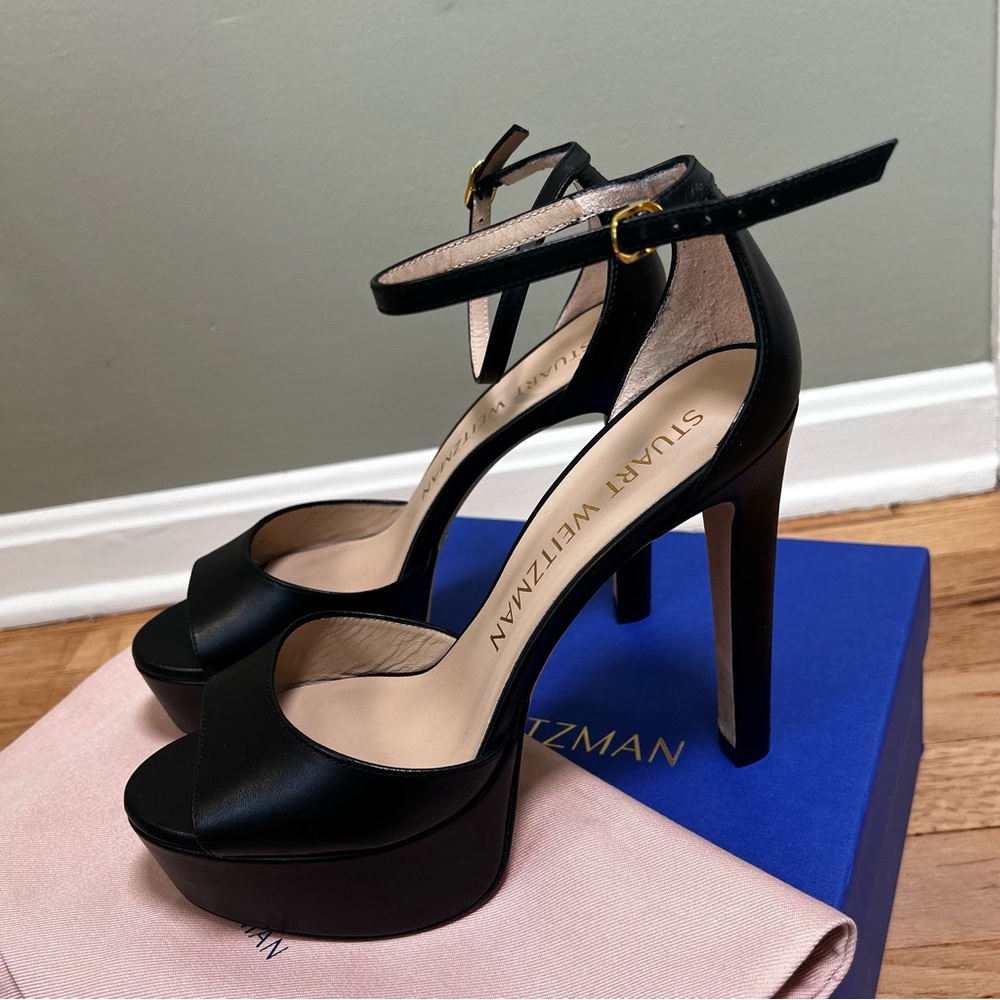 NWOT Stuart Weitzman Black Leather Platform Ankle-Strap Heels